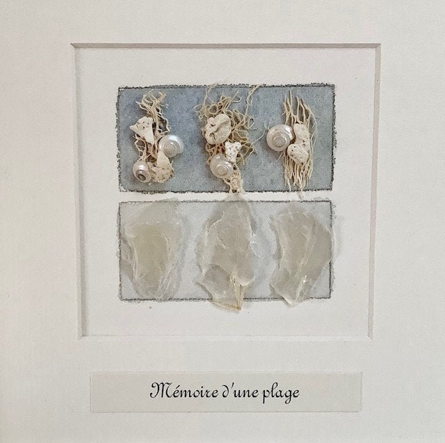 Cadre  mural vintage bois blanc nacre  et coquillages