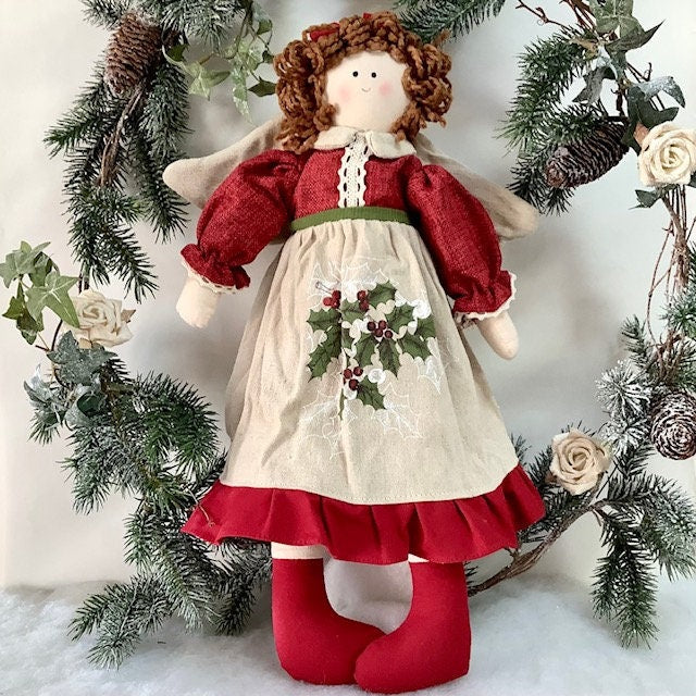 Poupée de chiffon ange tissu écru rouge  ht 27 cm vintage