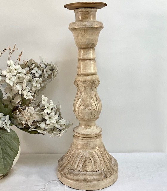 Chandelier bougeoir bois sculpté patiné beige ht 43 cm vintage