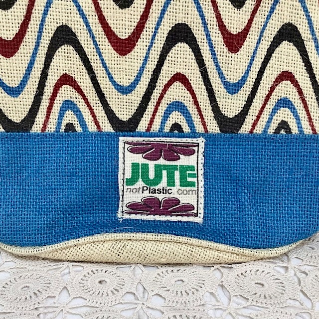 Sac de plage imperméable toile de jute beige vagues bleu ht 40 cm