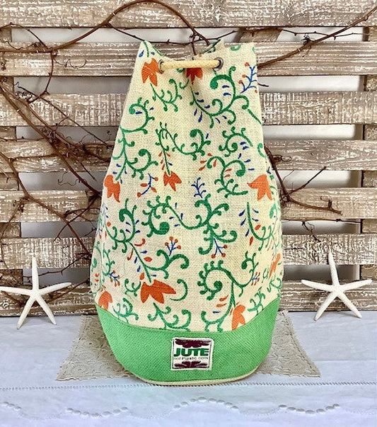 Sac de plage imperméable toile de jute beige arabesque vert ht 40 cm