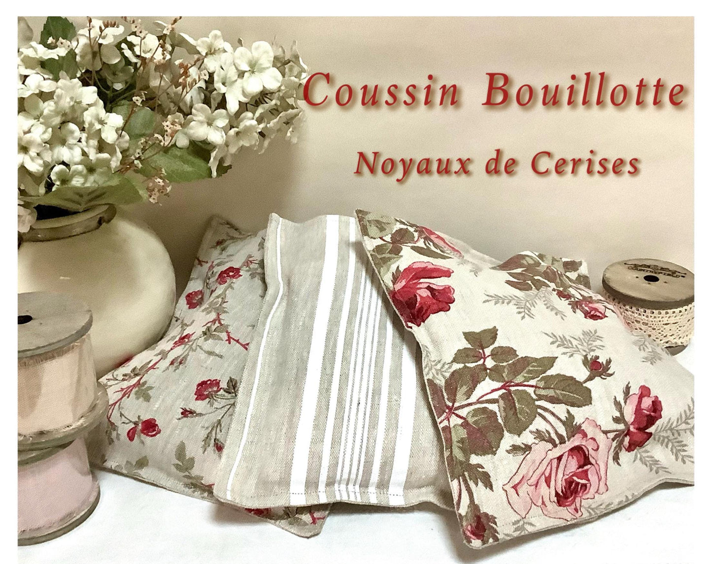 Bouillotte sèche coussin noyaux de cerises lin rayures
