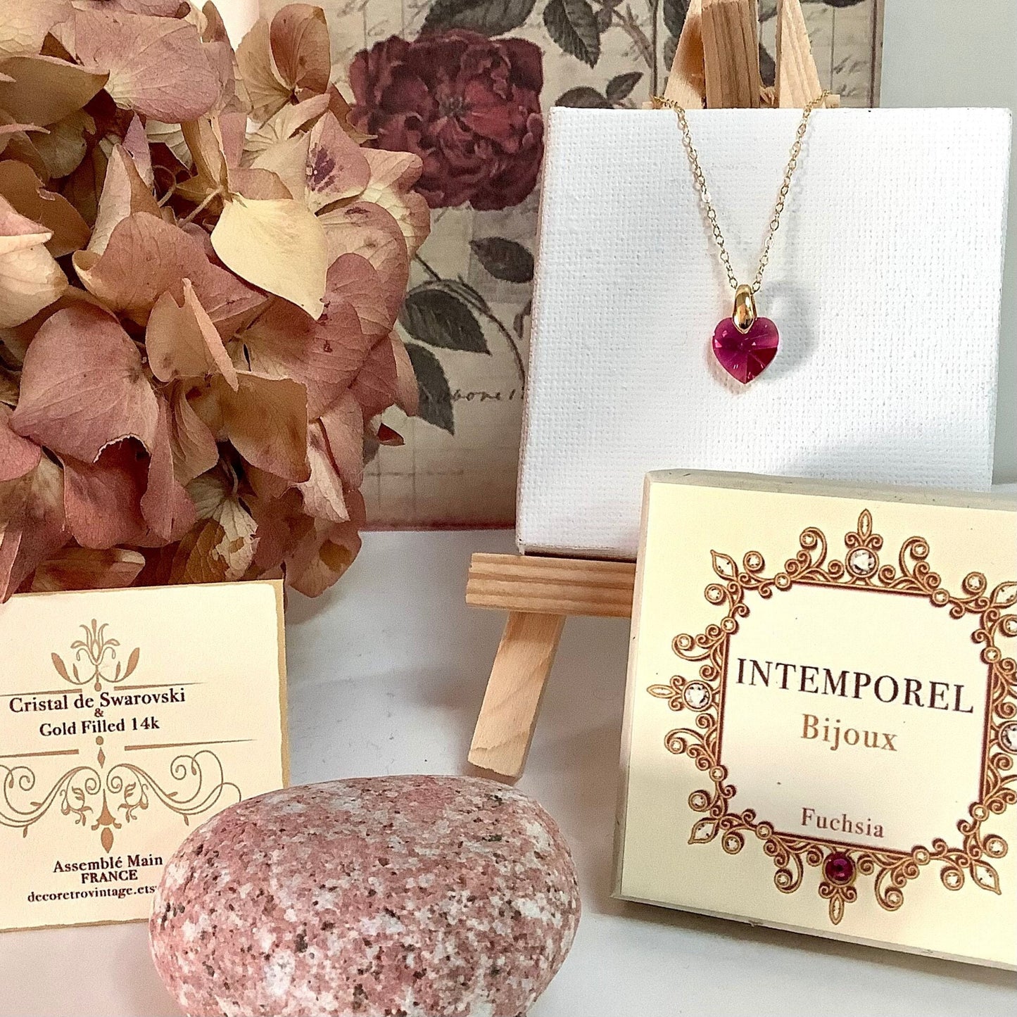 Collier coeur Fuchsia pendentif cristal Swarovski chaîne Gold Filled plaqué or 14 k