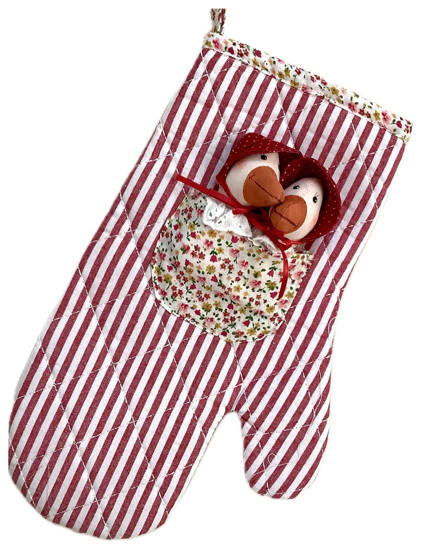 Maniques gants de four oies rayures  rouge et fleurs la galleria ht 30 cm
