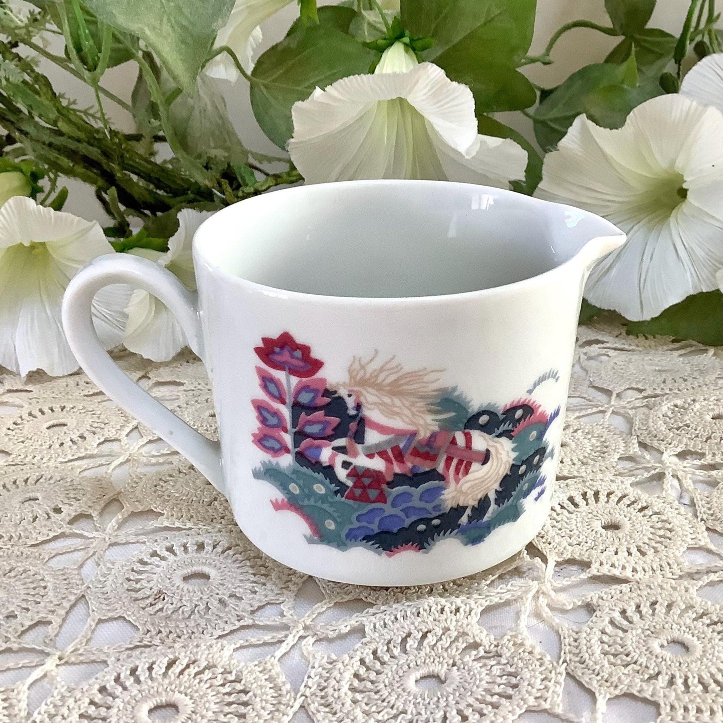 Cafetière théière pot à lait porcelaine blanche cheval création alpac vintage