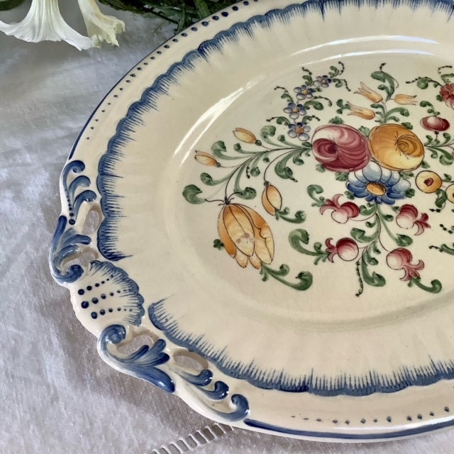 Grand plat ovale faïence motif floraux vintage