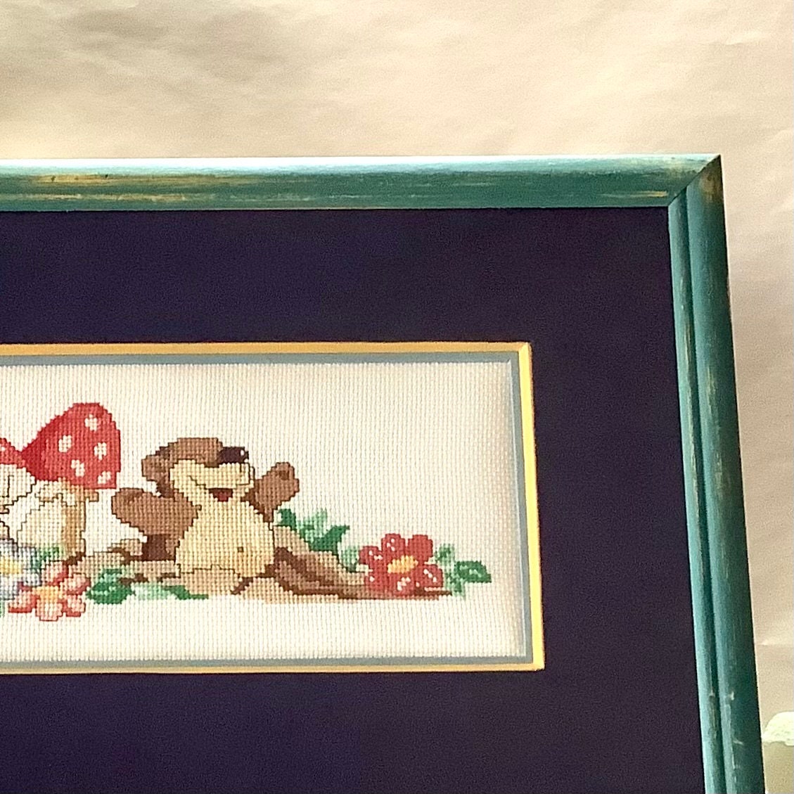 Tableau broderie enfant ourson vintage 41.5 cm x 28 cm