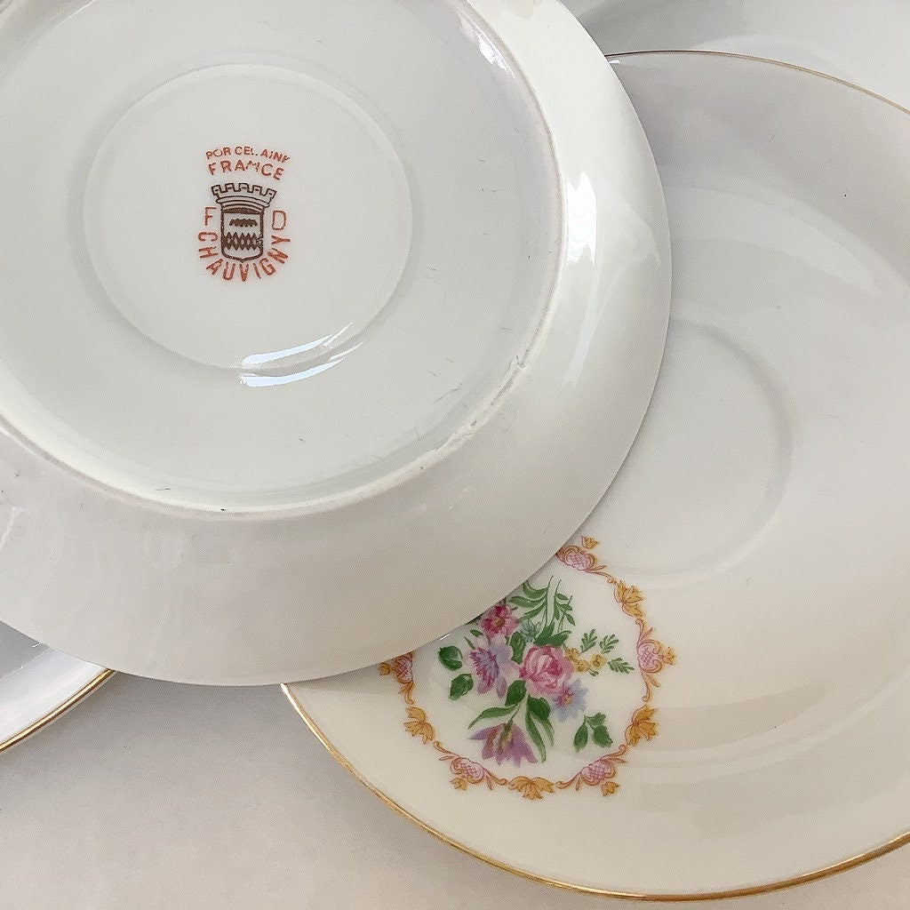 Petites assiettes porcelaine fleurs FD Chauvigny vintage