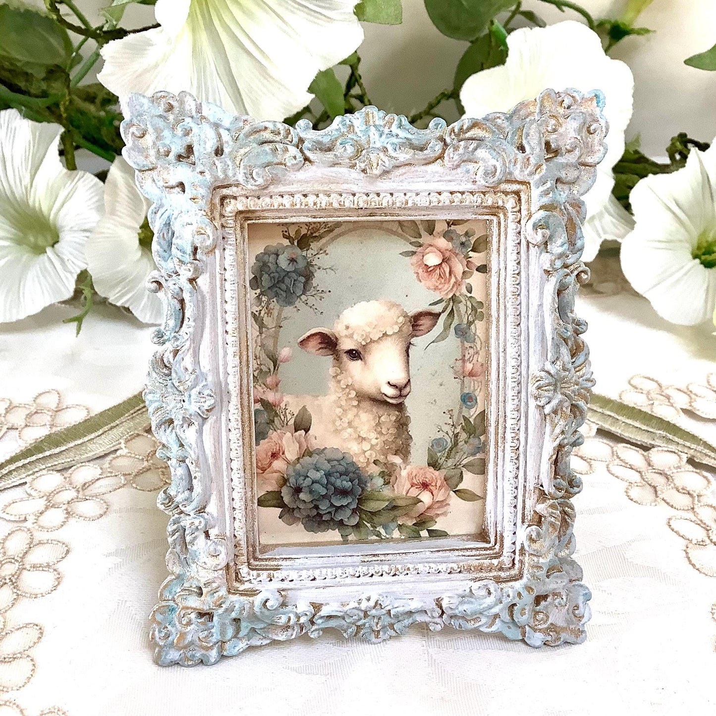 Cadre miniature baroque patiné bleu mouton 10 cm x 8 cm modèle B