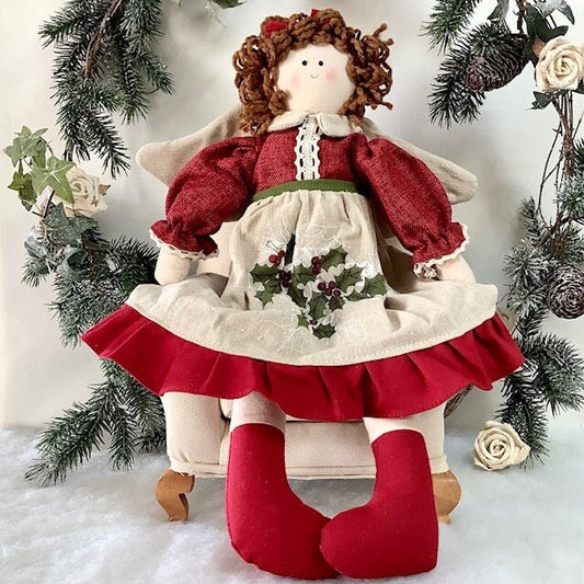 Poupée de chiffon ange tissu écru rouge  ht 27 cm vintage