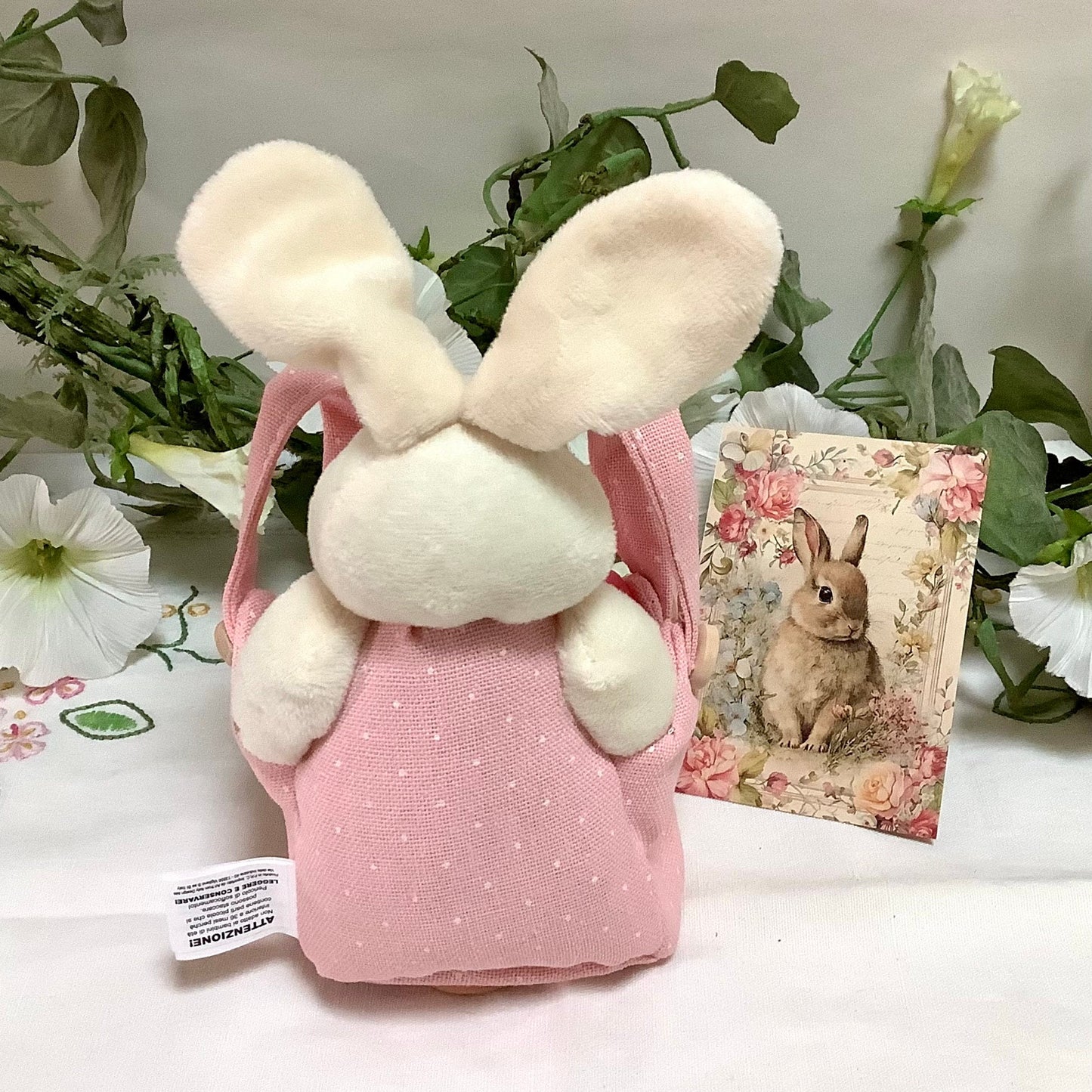 Lapin blanc peluche avec sac rose pois