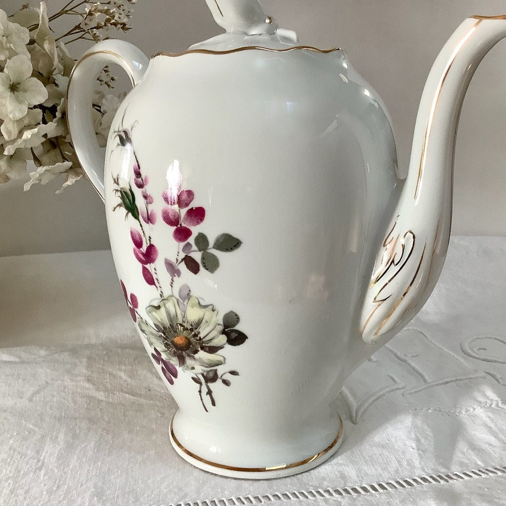 Cafetière théière verseuse porcelaine fleurs Lourioux vintage