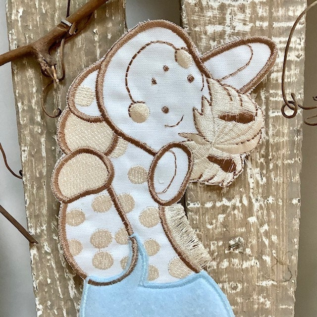 Écusson à coudre girafe bleu vintage ht 20 cm