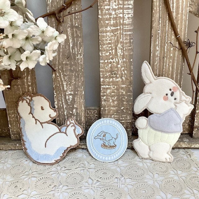 Écussons à coudre hérisson lapin éléphant bleu vintage