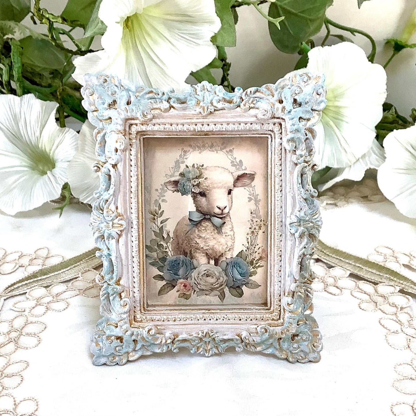 Cadre miniature baroque patiné bleu mouton 10 cm x 8 cm modèle A