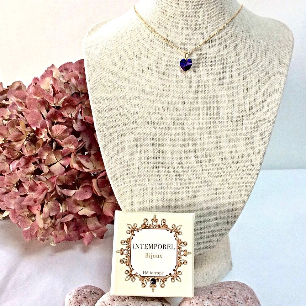 Collier coeur Héliotrope pendentif cristal Swarovski chaîne Gold Filled plaqué or 14 k