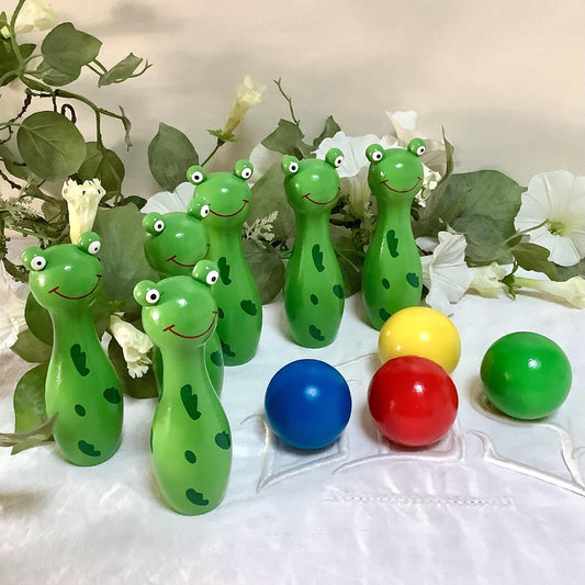 Jeu quilles bois grenouilles ht 11 cm
