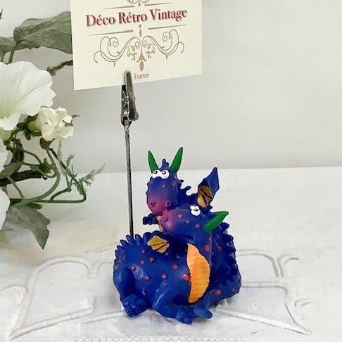 Figurine dragon bleu porte photo résine vintage