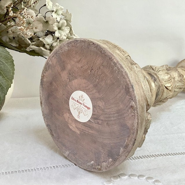 Chandelier bougeoir bois sculpté patiné beige ht 43 cm vintage