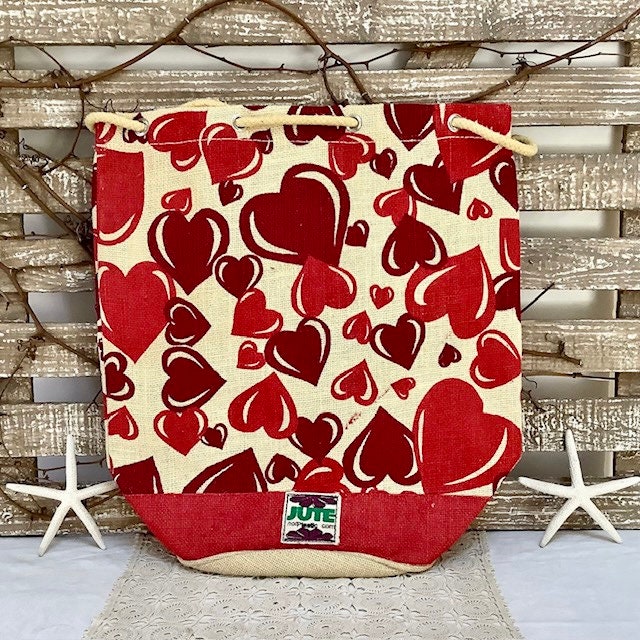 Sac de plage imperméable toile de jute beige coeur rouge ht 40 cm