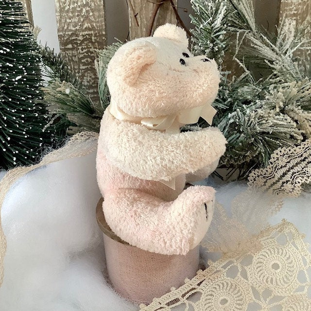 Mini ours en peluche blanc rose ht 10 cm vintage