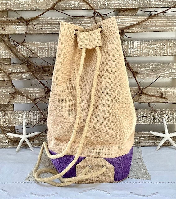 Sac de plage imperméable toile de jute beige violet ht 40 cm