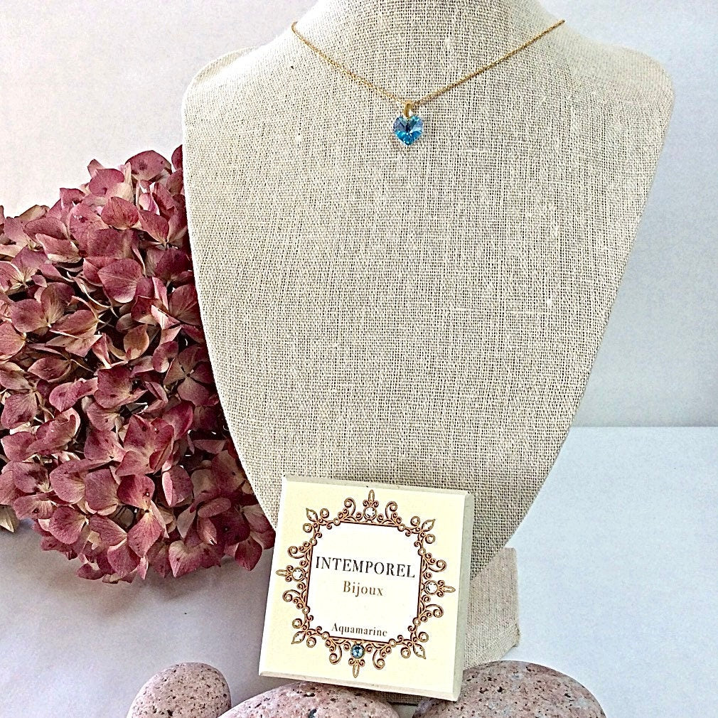 Collier coeur Aquamarine pendentif cristal Swarovski chaîne Gold Filled plaqué or 14 k