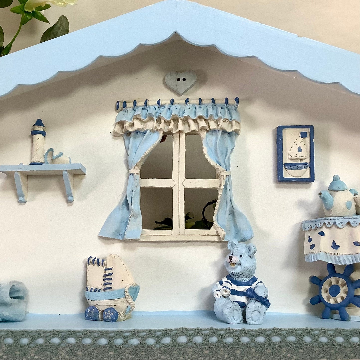 Porte manteaux enfant bleu résine bois vintage ht 24.5 cm