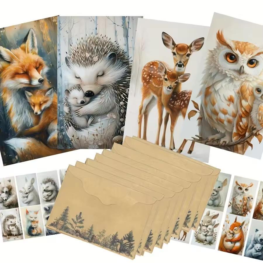 Images  animaux de la forêt  12 cartes + 8 enveloppes + 32 autocollants