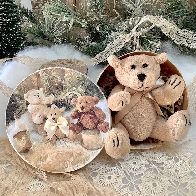  Mini ours peluche beige 10 cm avec message boîte bois, doudou vintage cadeau