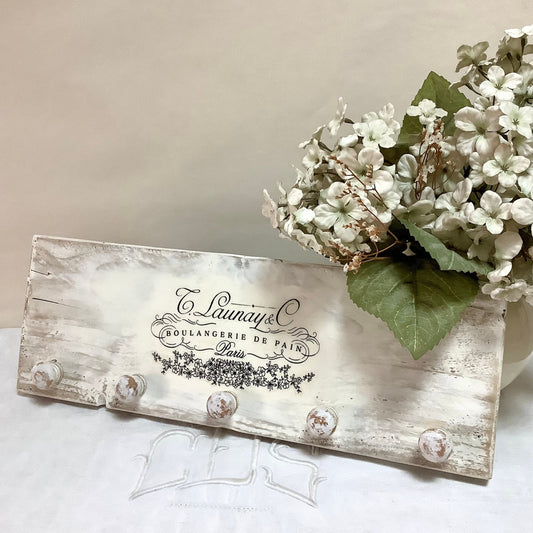 Patère murale accroche torchons bois 5 boutons patiné blanc vintage