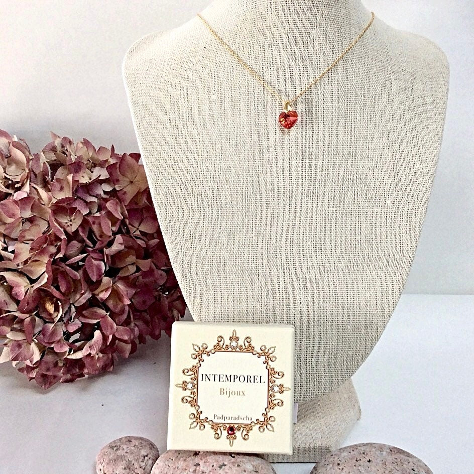 Collier coeur Padparadscha pendentif cristal Swarovski chaîne Gold Filled plaqué or 14 k