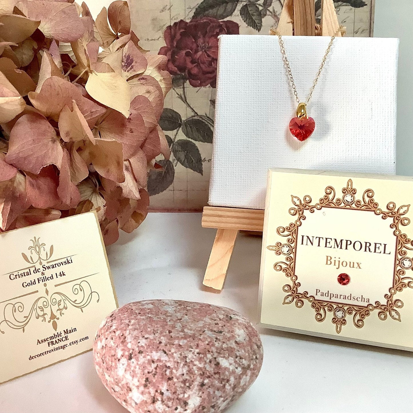 Collier coeur Padparadscha pendentif cristal Swarovski chaîne Gold Filled plaqué or 14 k