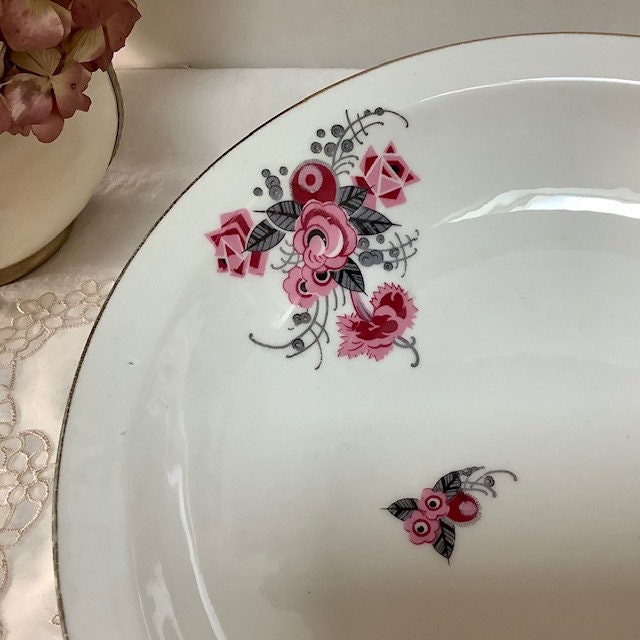 Plat creux vintage porcelaine art déco roses AV