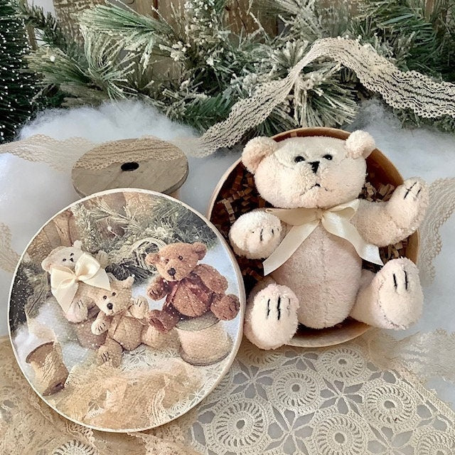 Mini ours en peluche blanc rose ht 10 cm vintage