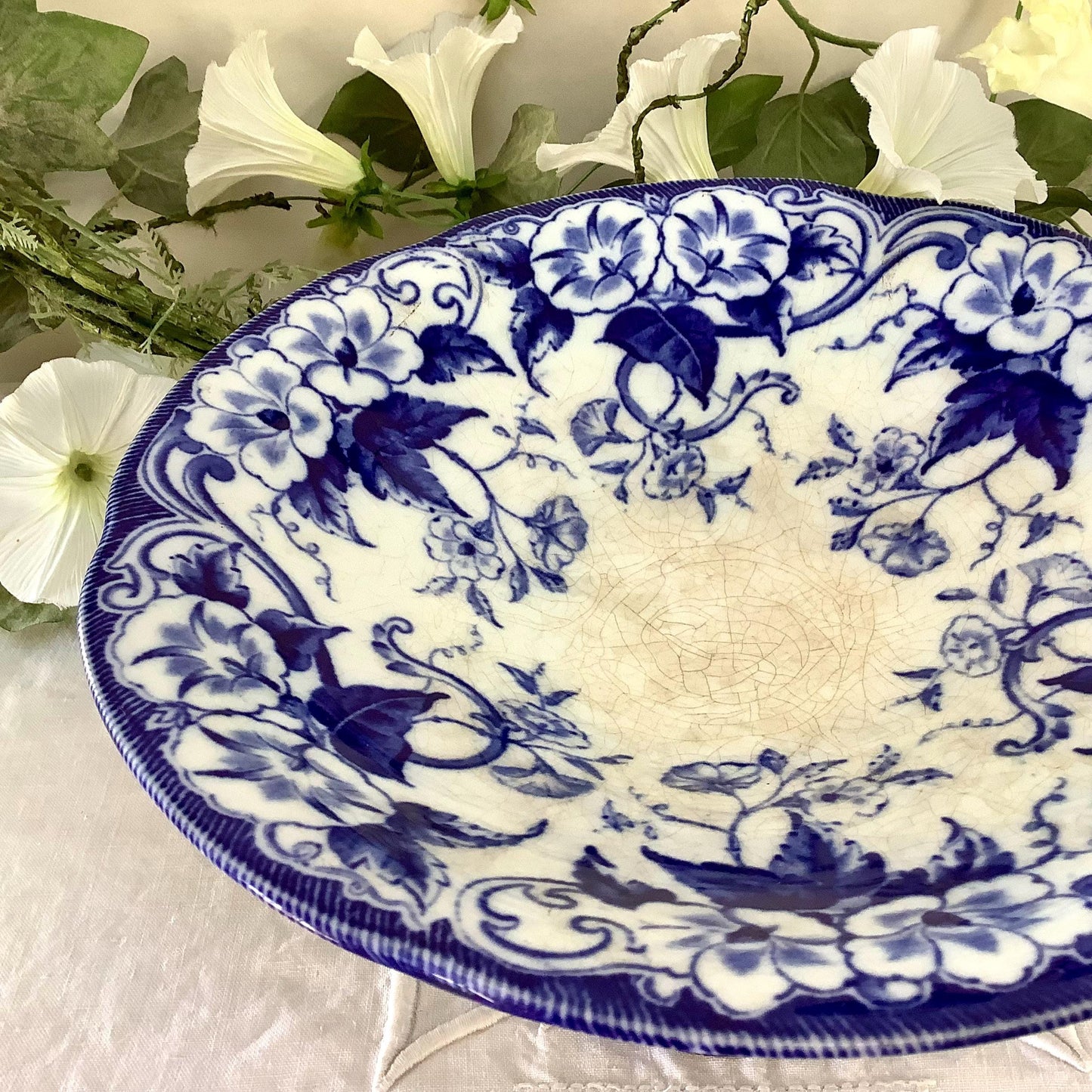 Plat serviteur piédouche compotier bleu faïence creil Flora nontereau 1855 vintage