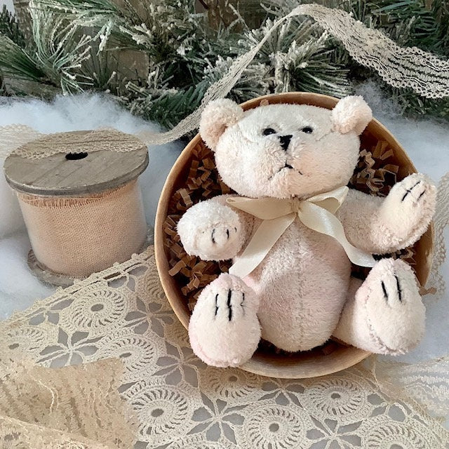 Mini ours en peluche blanc rose ht 10 cm vintage