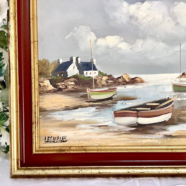 Tableau paysage marin huile sur toile vintage