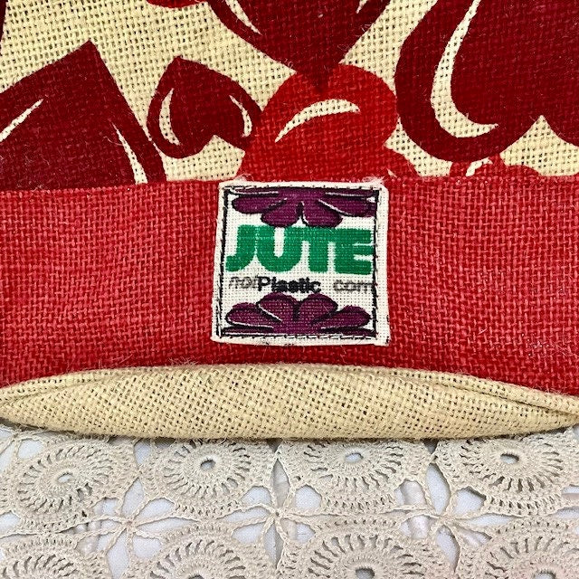 Sac de plage imperméable toile de jute beige coeur rouge ht 40 cm