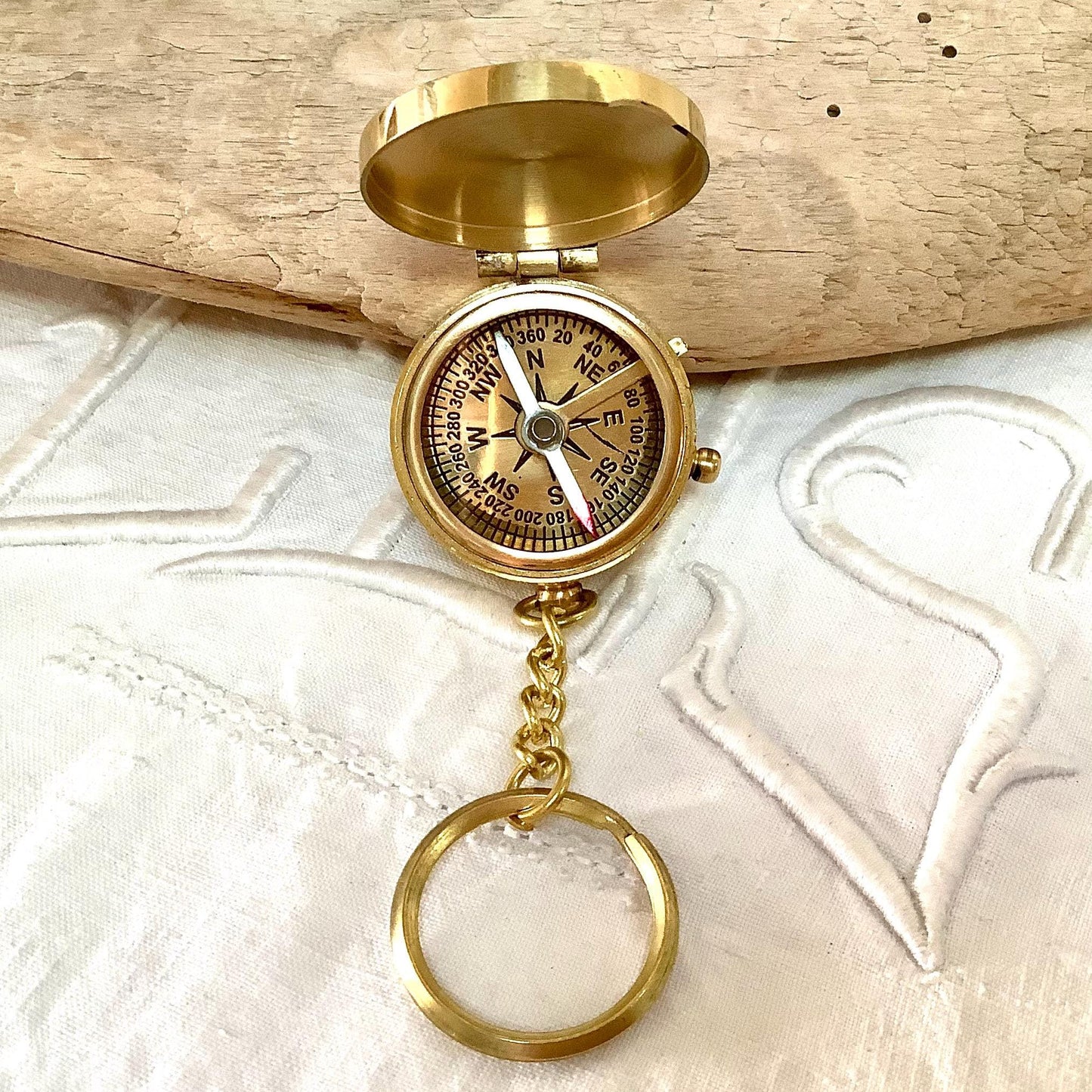 Porte clés boussole laiton vintage boîte palissandre