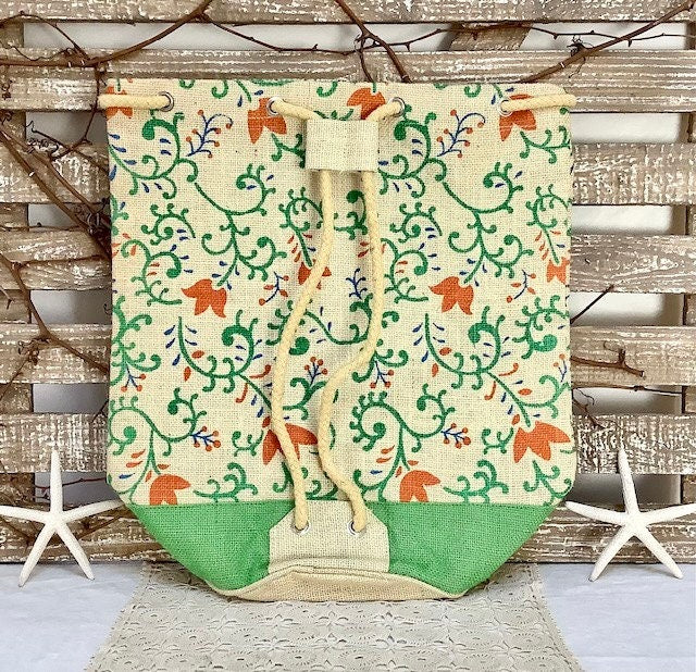 Sac de plage imperméable toile de jute beige arabesque vert ht 40 cm