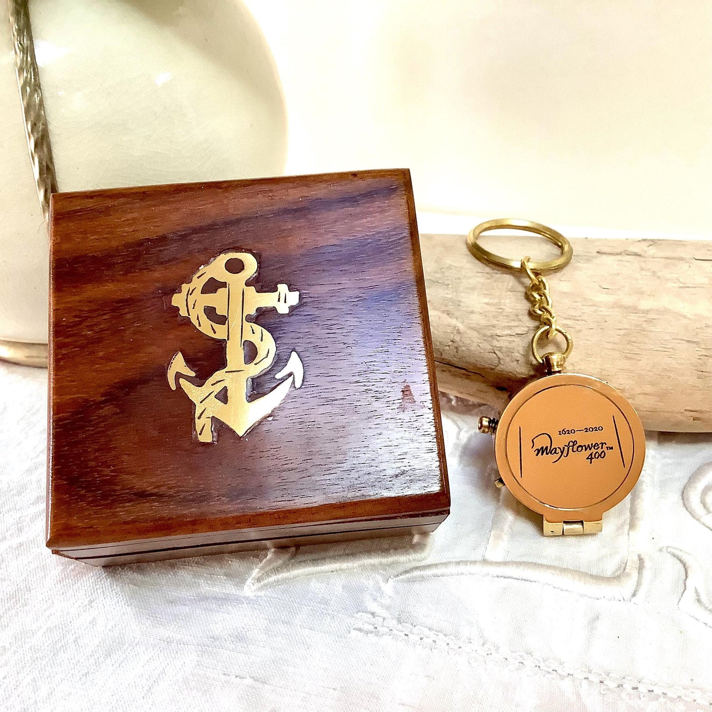 Porte clés boussole laiton vintage boîte palissandre