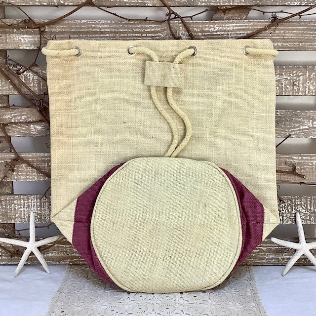 Sac de plage imperméable toile de jute beige bordeaux  ht 40 cm