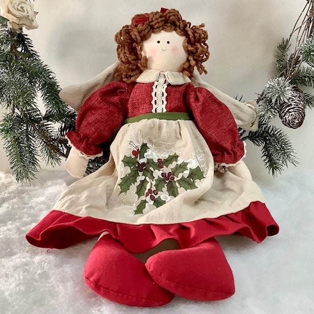 Poupée de chiffon ange tissu écru rouge  ht 27 cm vintage