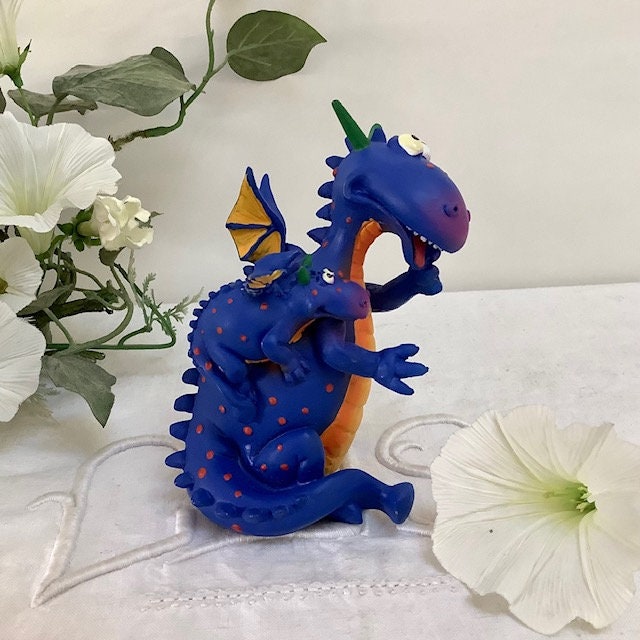 Figurine résine dragon bleu avec bébé vintage
