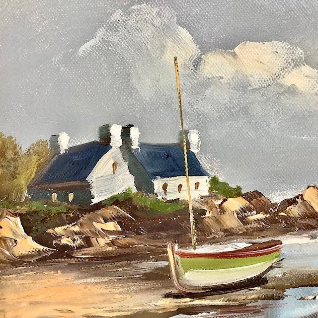 Tableau paysage marin huile sur toile vintage