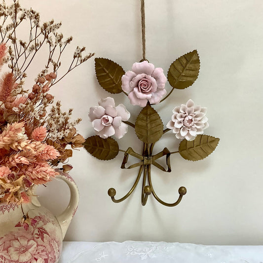 Accroche patère 3 crochets laiton fleurs porcelaine lisbeth dahl vintage ht 20 cm