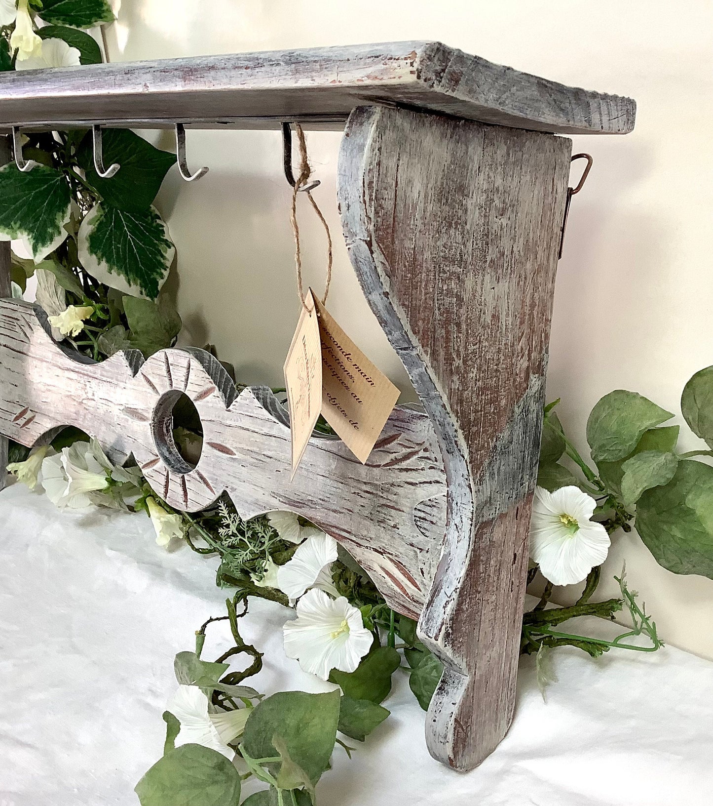 Étagère bois vintage 5 crochets porte casseroles  ht 30 cm