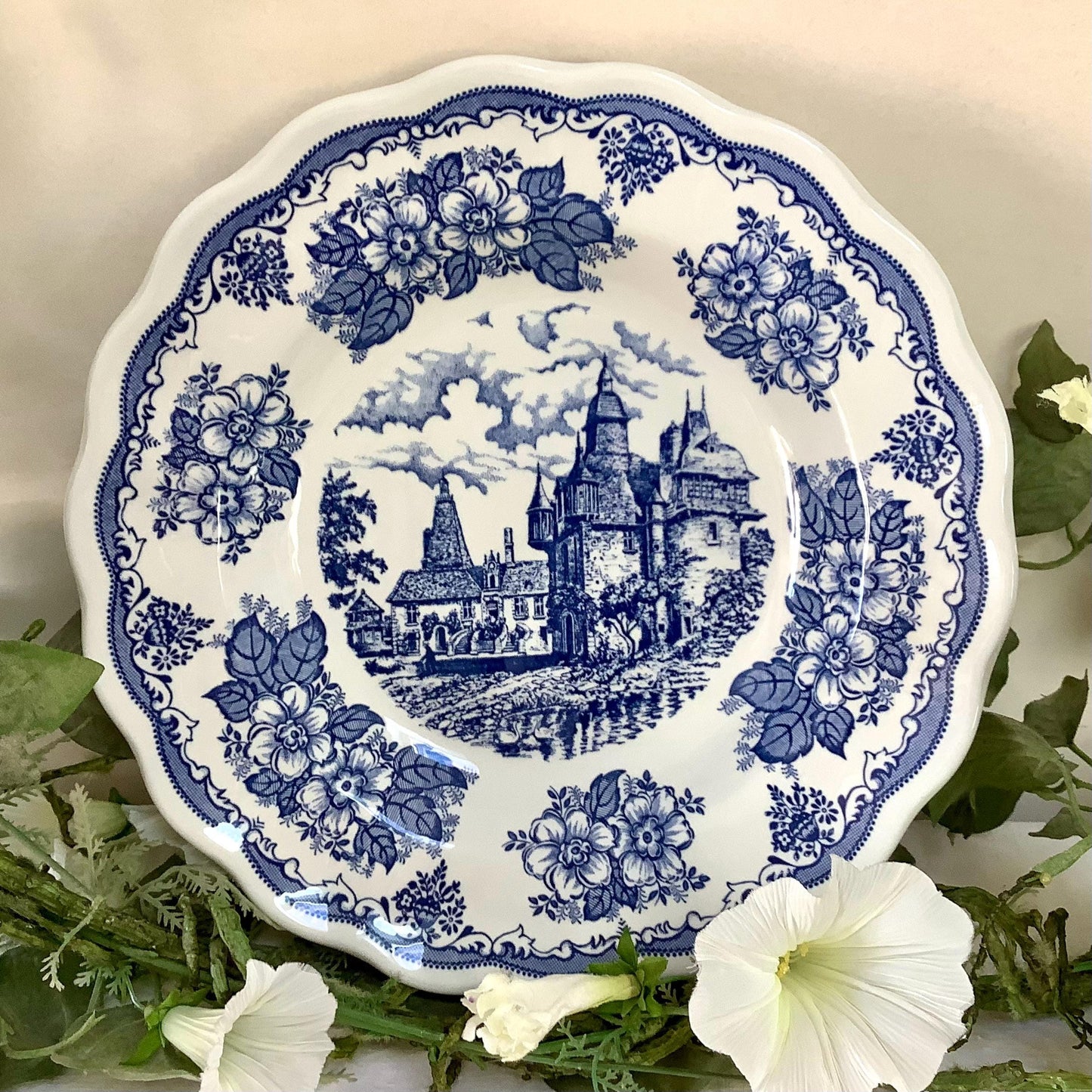 Plat creux bleu Faïence forte rf English landscape vintage