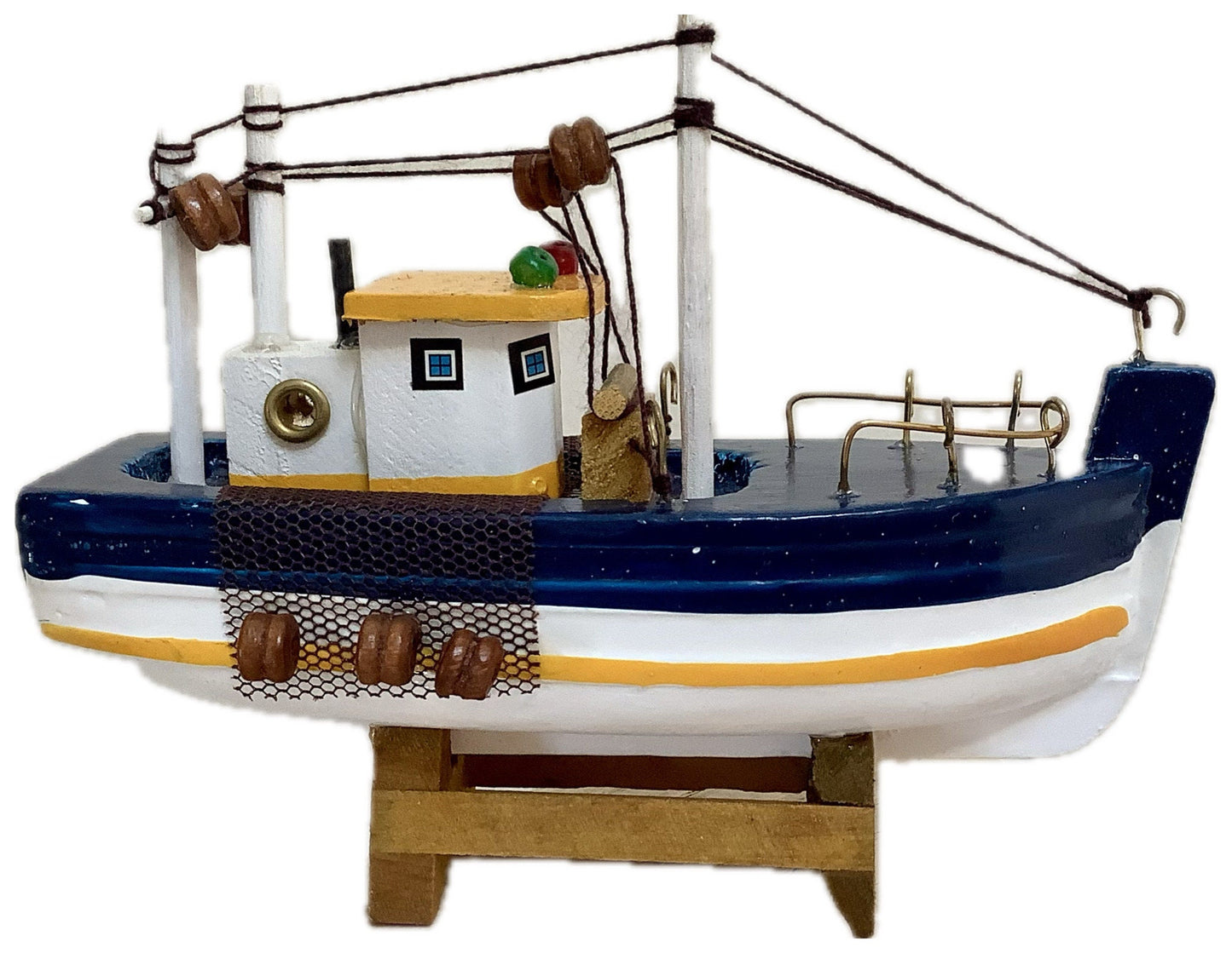 Bateau miniature bois chalutier bleu jaune décoration marine ht 9 cm